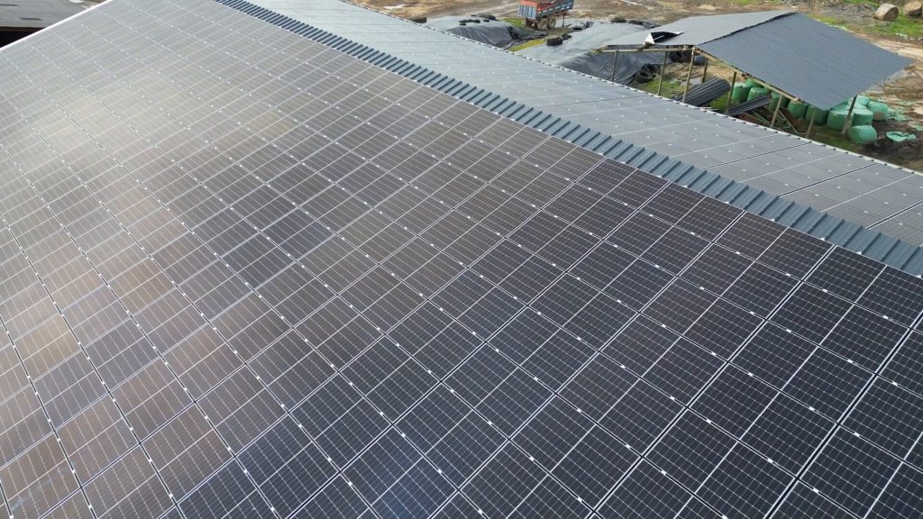 Installation de panneaux solaires sur une toiture existante en tôle ondulée, maximisant la production d'énergie renouvelable tout en valorisant la structure déjà en place.